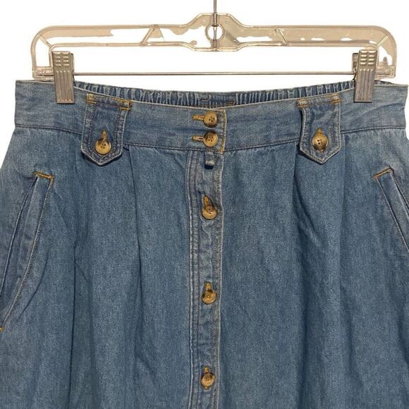 Vintage Allison Smith Button Front Pleated Denim Midi Skirt Blue Size 14P - Picture 2 of 8
